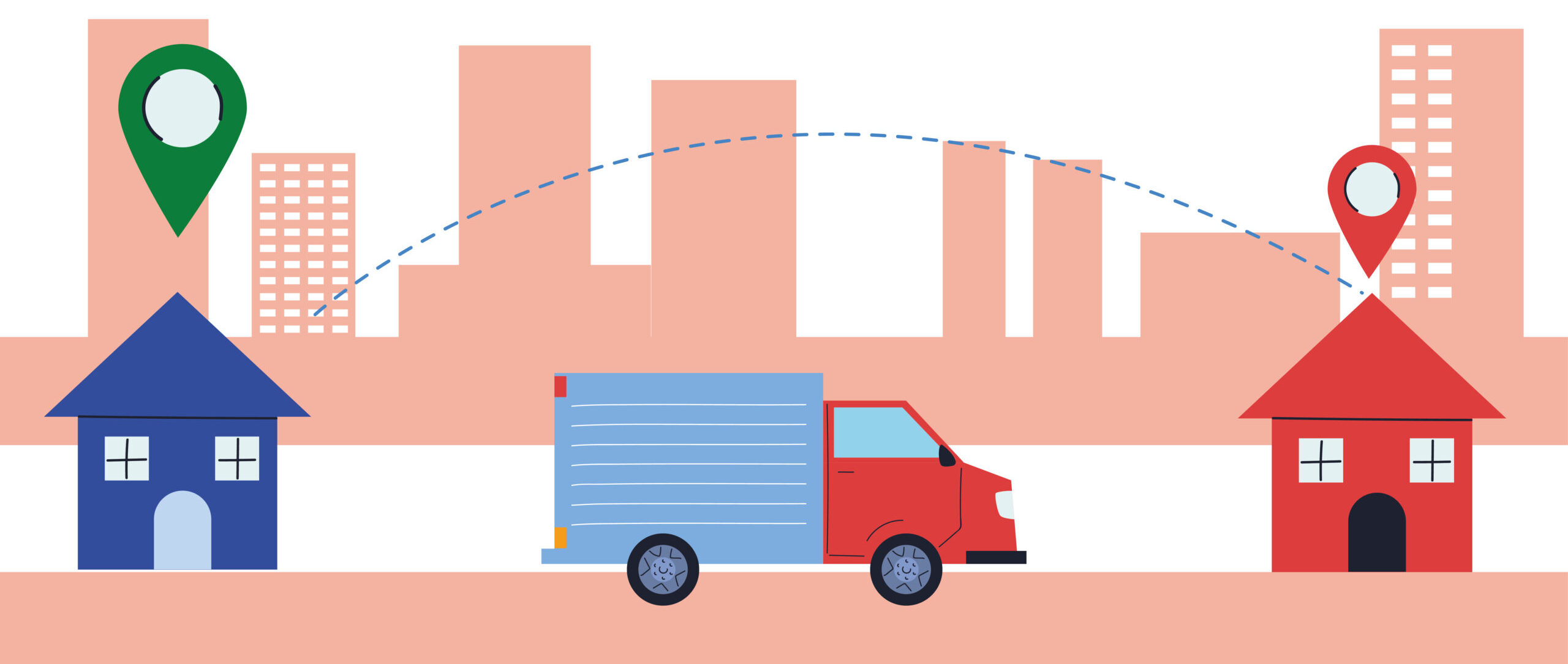 illustration of a moving truck going btween two houses